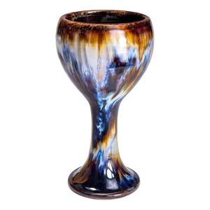 80s VTG Japanese Studio Art Pottery Goblet Chalice Blue Brown Drip Glaze Ceramic